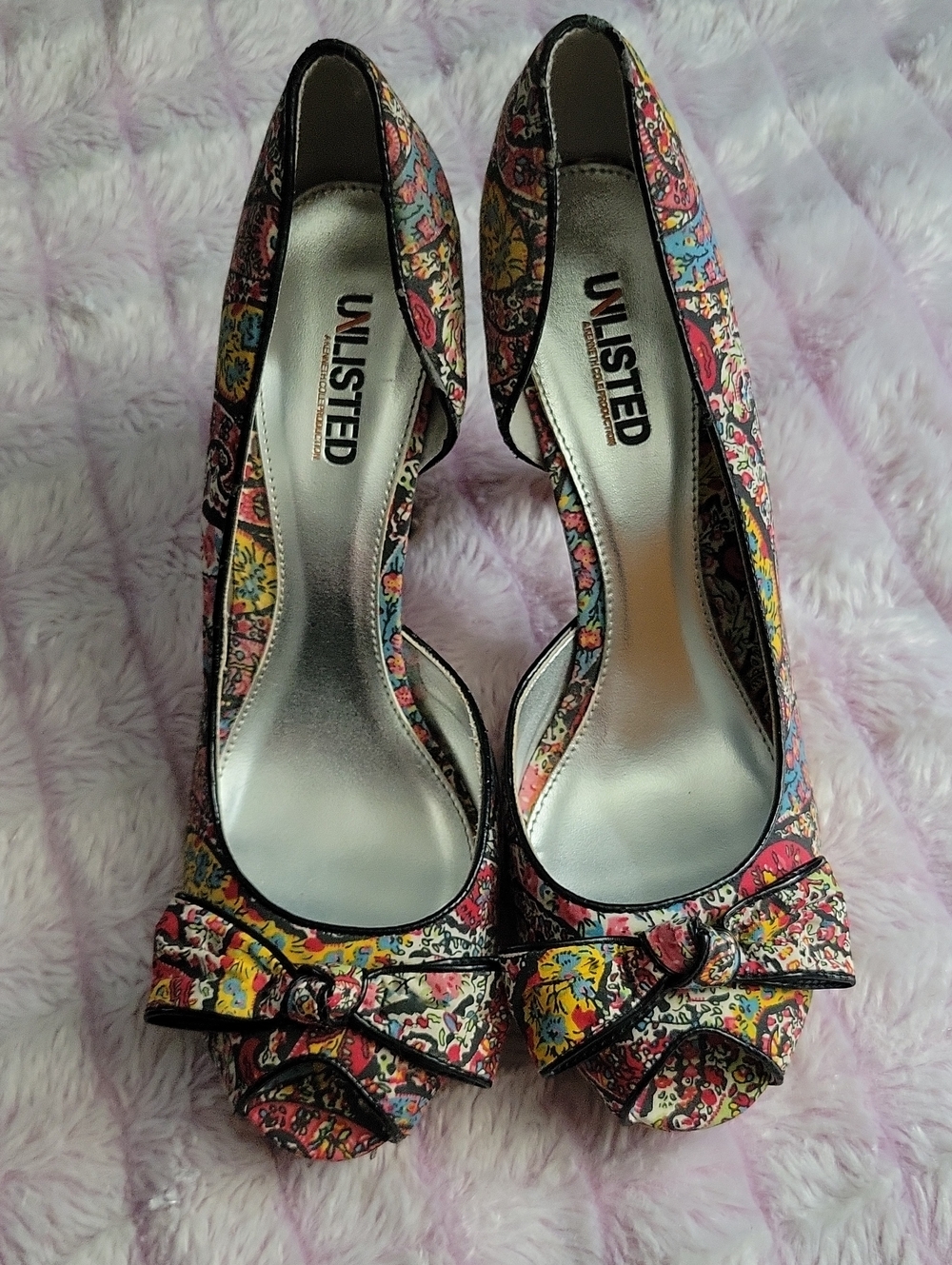 Unlisted Kenneth Cole Y2K Paisley Cork Platform Bow Peep Toe 4" Heels Size 10